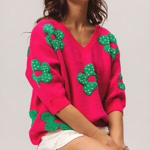 BiBi Pearl Beads Flowers Sweater Top